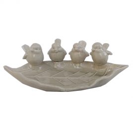 White Ceramic Leaf Plate w/ Bird