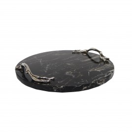 Black marble round tray w/ silver branch handle
