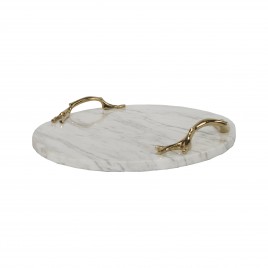 White marble round tray w/ gold branch handle
