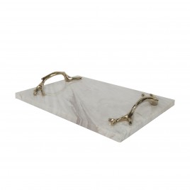 White marble rectangular tray w/ gold branch handle