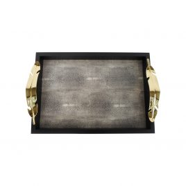 Black tray faux shagreen inlay w/ golden leaves handle