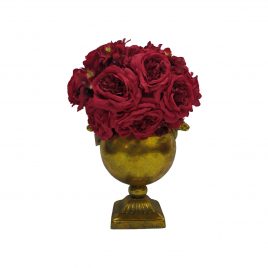 Red English Rose Arrangement in Golden Raindeer Vase