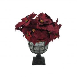 Christmas Flower arrangement in clear glass with metal trim