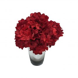 Red hydrangea arrangement in silver glass vase (S)