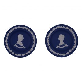 Wedgewood Dark Blue Jasperware Pin Dish (Commemorative 1977′ Silver Jubilee: Queen Elizabeth II & Duke of Edinburgh) 2 pcs/ set