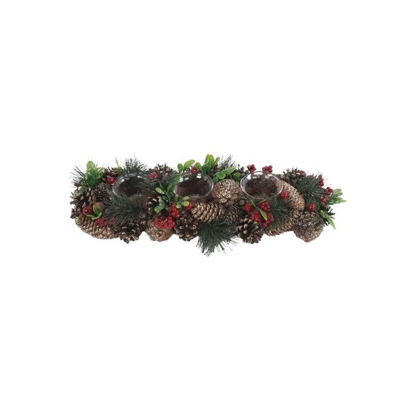 C&C Home Frosted Pinecone Berries Christmas Candle Holder
