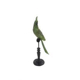 Green Cockatoo on a Wooden Perch – รูปปั้นนกแก้วแต่งบ้านพร้อมขาตั้ง
