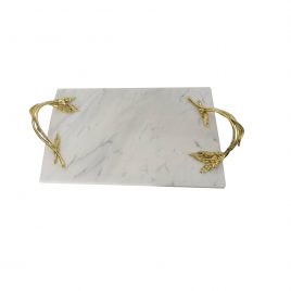 White marble rectangular tray with gold branch handle ถาดสี่เหลี่ยมหินอ่อนสีขาว มีหูจับสีทอง