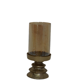 Amber Glass Pillar Gold Candle Holder (L)-เชิงเทียนแก้วสีเหลืองอำพัน (L)